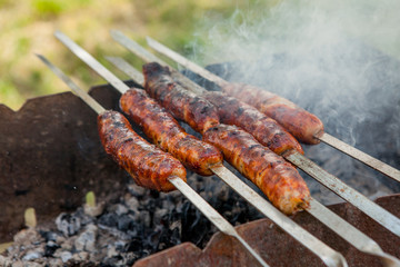 Grilled sausage on the picnic flaming grill