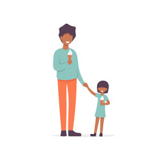 Father eats ice cream with his daughter, man walks and eats ice cream with child, happy family. Flat vector illustration.