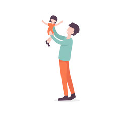 Father throwing his daughter. Man throws little girl up and catching her. Parent playing with kid. Flat vector illustration.