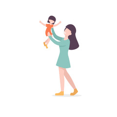 Mother throwing his daughter. Woman throws little girl up and catching her. Parent playing with kid. Flat vector illustration.