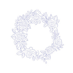 Floral wreath coloring page. Blue ink color, decoration with flowers. Great for printables, birthday cards, wedding cards.