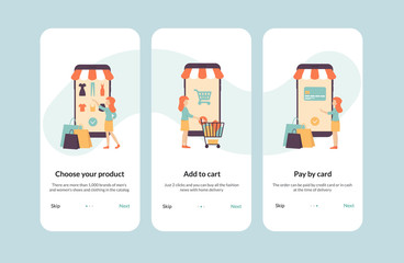 Online shopping banner, mobile app templates, concept flat vector illustration design, onboarding for online shop application.