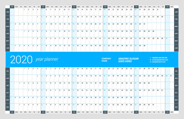 Wall calendar yearly planner template for 2020. Vector design print template. Week starts on Sunday