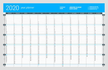 Wall calendar yearly planner template for 2020. Vector design print template. Week starts on Sunday