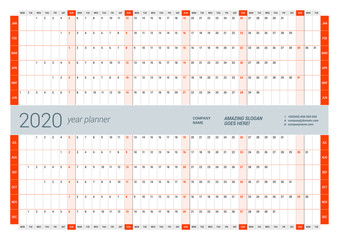 Wall calendar yearly planner template for 2020. Vector design print template. Week starts on Monday
