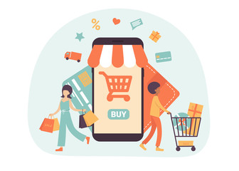 Happy people doing online shopping and carrying shopping bags, they used a mobile app on a smartphone and purchased goods in a virtual store. Flat vector illustration.