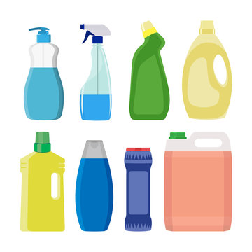 Set of detergent bottles or containers, cleaning supplies, washing powder icon. Vector illustration isolated on white background