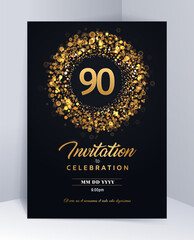 90 years anniversary invitation card template isolated vector illustration. Black greeting card template