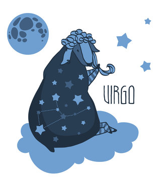 The cute, funny sheep on a cloud surrounded by stars in the image of the zodiac constellation. Virgo. Vector graphics.