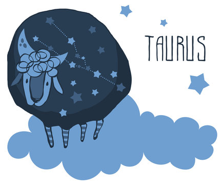 The cute, funny sheep on a cloud surrounded by stars in the image of the zodiac constellation. Taurus. Vector graphics.