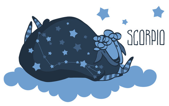 The cute, funny sheep on a cloud surrounded by stars in the image of the zodiac constellation. Scorpio. Vector graphics.