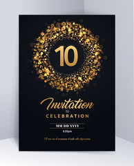 10 years anniversary invitation card template isolated vector illustration. Black greeting card template