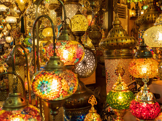 Brilliant Turkish glass lamps of Grand Bazaar in Istanbul, Turkey.