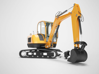 Orange mini crawler excavator on rubber tire with turned cabin to the left 3d render on gray background with shadow © Oleh