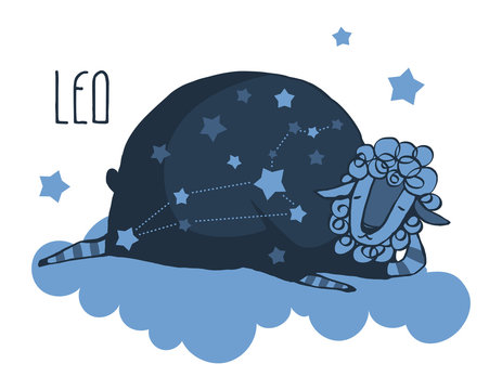 The cute, funny sheep on a cloud surrounded by stars in the image of the zodiac constellation. Leo. Vector graphics.