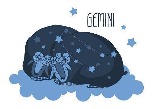 The cute, funny sheep on a cloud surrounded by stars in the image of the zodiac constellation. Gemini. Vector graphics.
