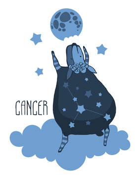 The cute, funny sheep on a cloud surrounded by stars in the image of the zodiac constellation. Cancer. Vector graphics.