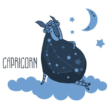 The cute, funny sheep on a cloud surrounded by stars in the image of the zodiac constellation. Capricorn. Vector graphics.