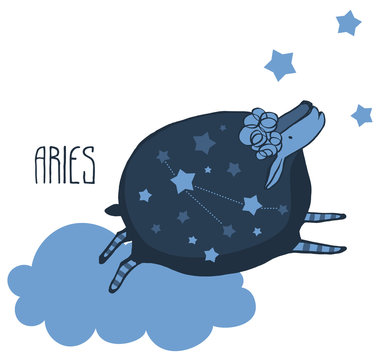 The cute, funny sheep on a cloud surrounded by stars in the image of the zodiac constellation. Aries. Vector graphics.