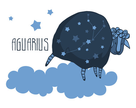 The cute, funny sheep on a cloud surrounded by stars in the image of the zodiac constellation. Aguarius. Vector graphics.