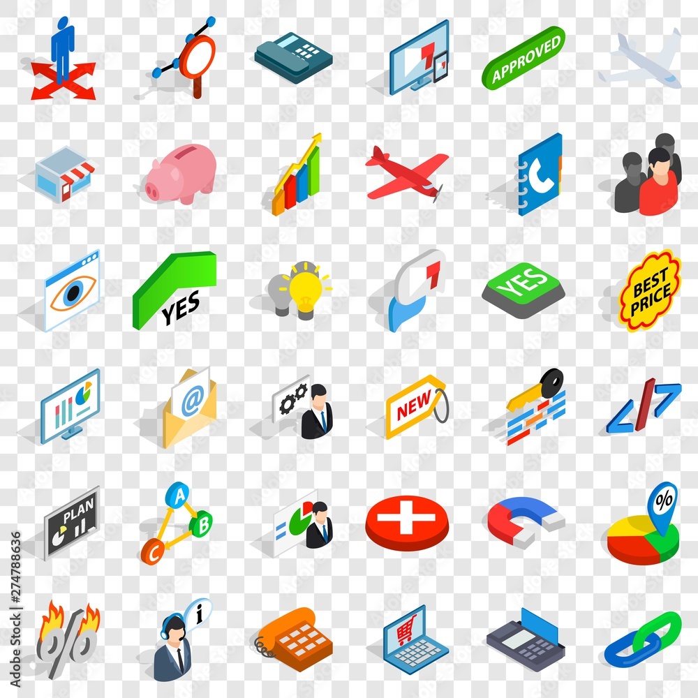 Poster bargain icons set. isometric style of 36 bargain vector icons for web for any design