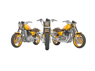 Group of orange motorcycles front view 3d render on white background no shadow