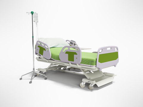 Concept green hospital bed semi automatic with remote control and drip on tripod 3d render on gray background with shadow