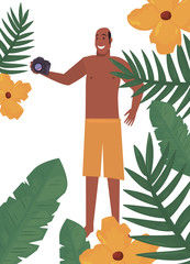 tourist man with camera tropic leaves flowers summer