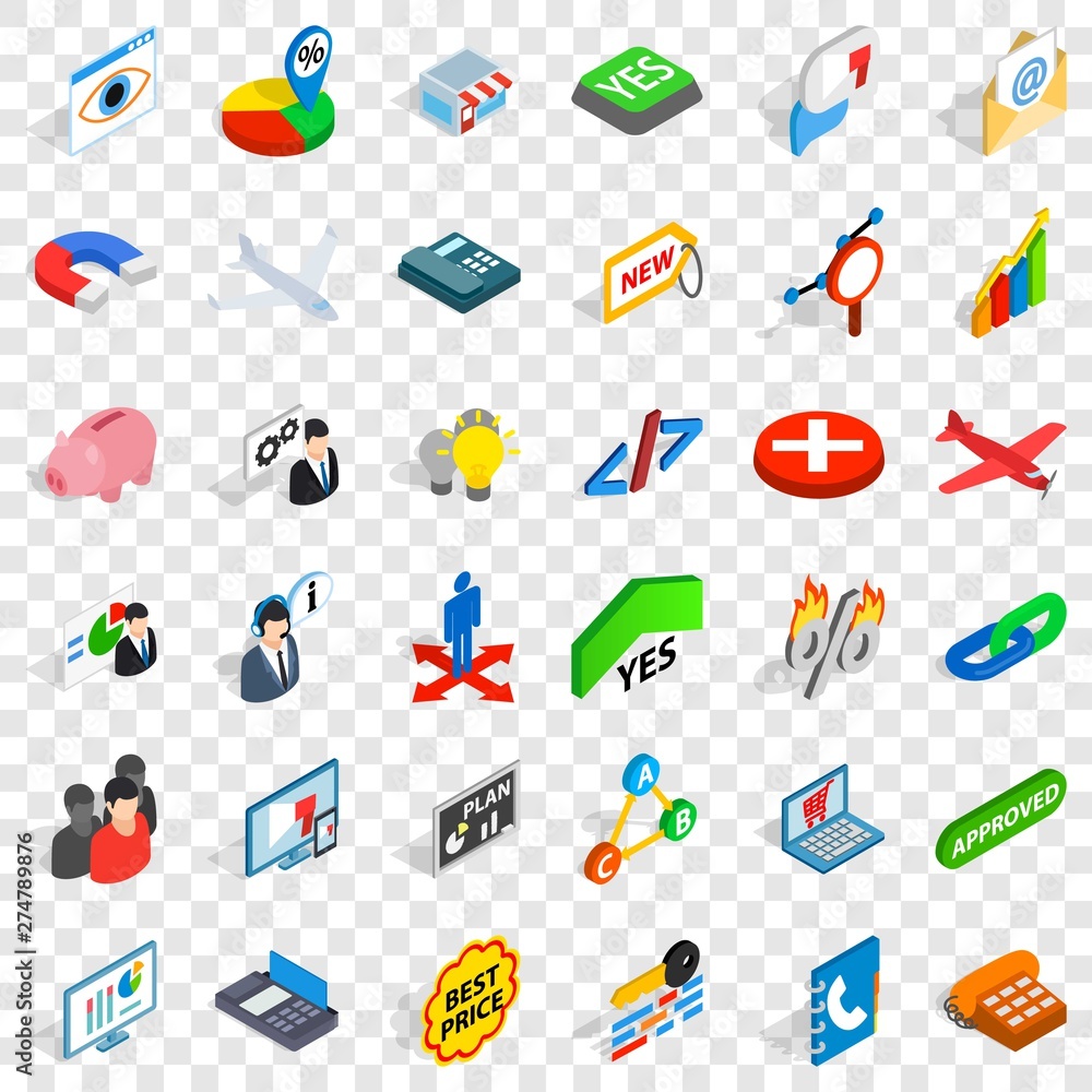 Poster case icons set. isometric style of 36 case vector icons for web for any design