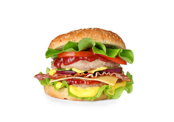Tasty fresh burger with cutlet isolated on white