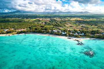 Aearial view of Belle Mare beaches, Mauritius.