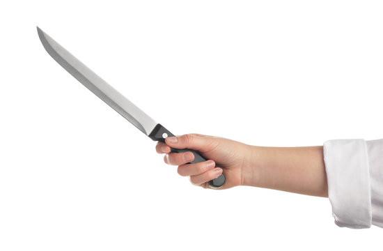 Woman holding carving knife on white background, closeup
