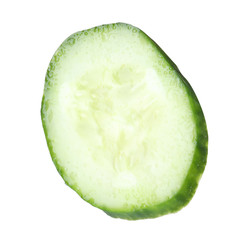 Slice of ripe cucumber on white background