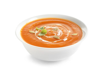 Bowl of tasty sweet potato soup isolated on white