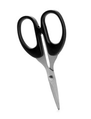 Pair of sharp scissors on white background