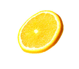 Slice of ripe orange on white background