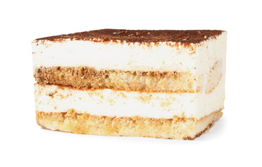 Classic Italian tiramisu cake isolated on white