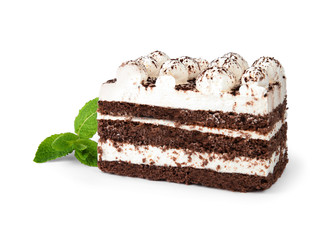 Delicious tiramisu cake with mint isolated on white