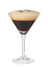 Glass of Espresso Martini on white background. Alcohol cocktail