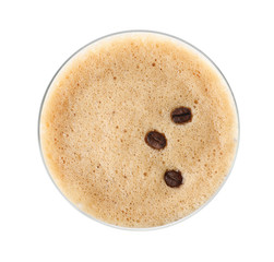 Glass of Espresso Martini with coffee beans on white background, top view. Alcohol cocktail