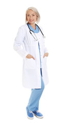 Full length portrait of female doctor isolated on white. Medical staff