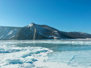 Landscape photo of Frozen Lake Baikal in Siberia; Russian Federation.