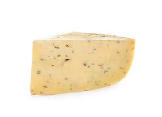 Piece of delicious cheese with herbs on white background