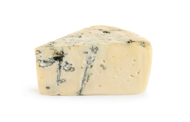 Piece of delicious blue cheese on white background