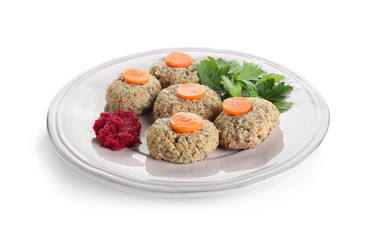Plate of traditional Passover (Pesach) gefilte fish isolated on white