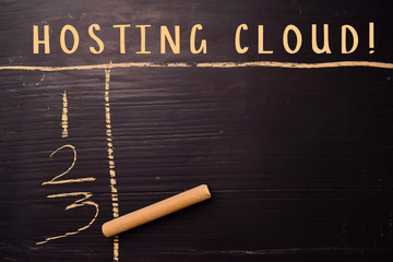 Hosting Cloud! written with color chalk. Supported by an additional services. Blackboard concept