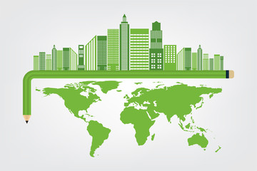 Obraz premium Pencil Ecology and Environmental Concept,Town With Eco-Friendly Ideas,Vector Illustration