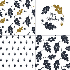 Obraz premium Patterns set, Happy Birthday card with oak leafs