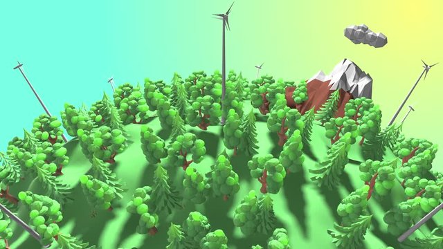 Low poly earth flyover renewable energy sources wind turbine in mountain forest