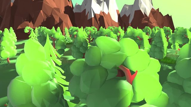 Low poly mountain valley with green forest with grass and trees 3d render